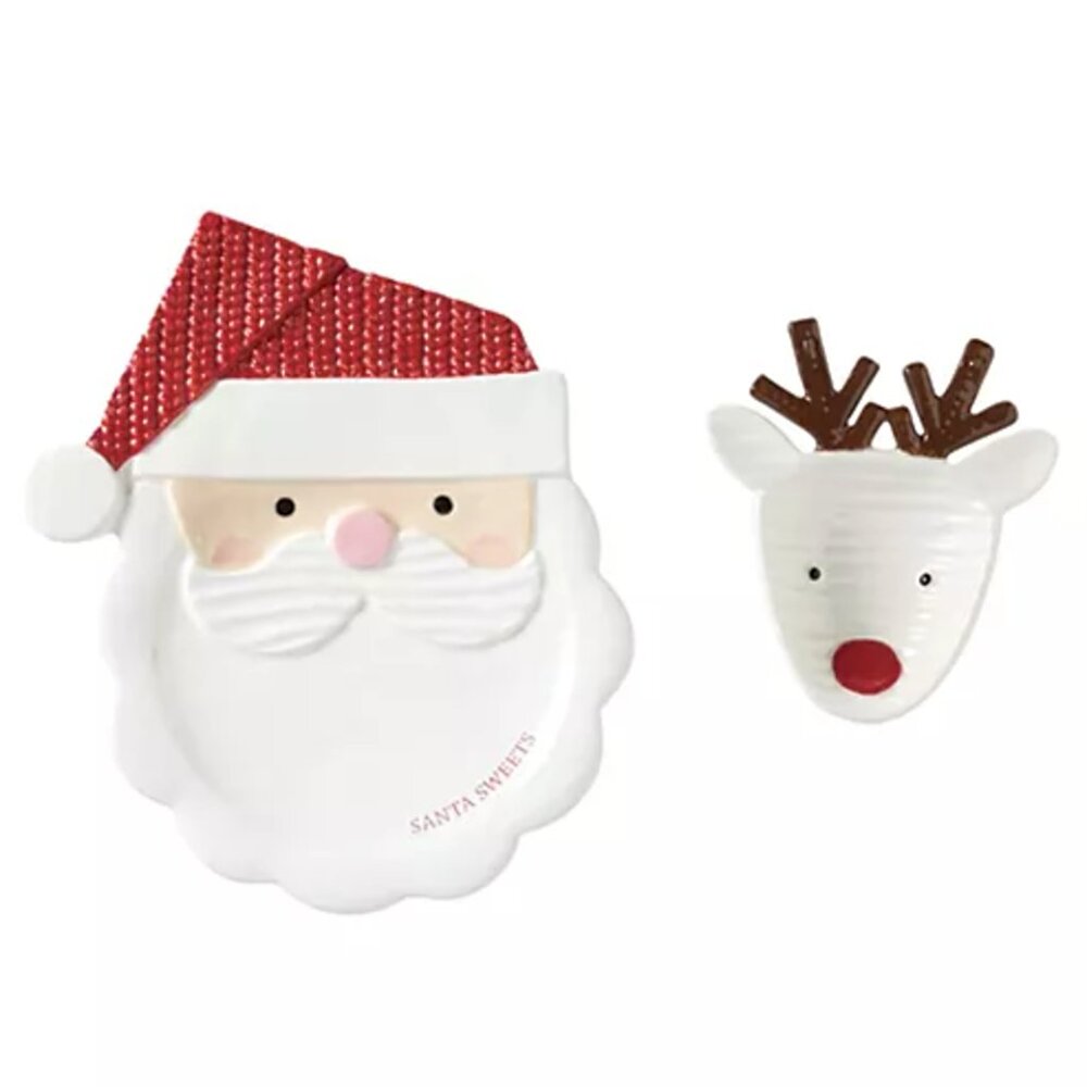 Mud Pie Elegant White Ceramic Santa Plate + Raindeer Mini Plate Set, NWOT